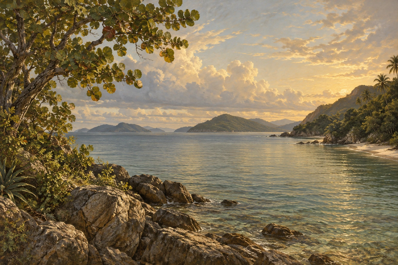Painted Caribbean bay with wooded shores and afternoon light