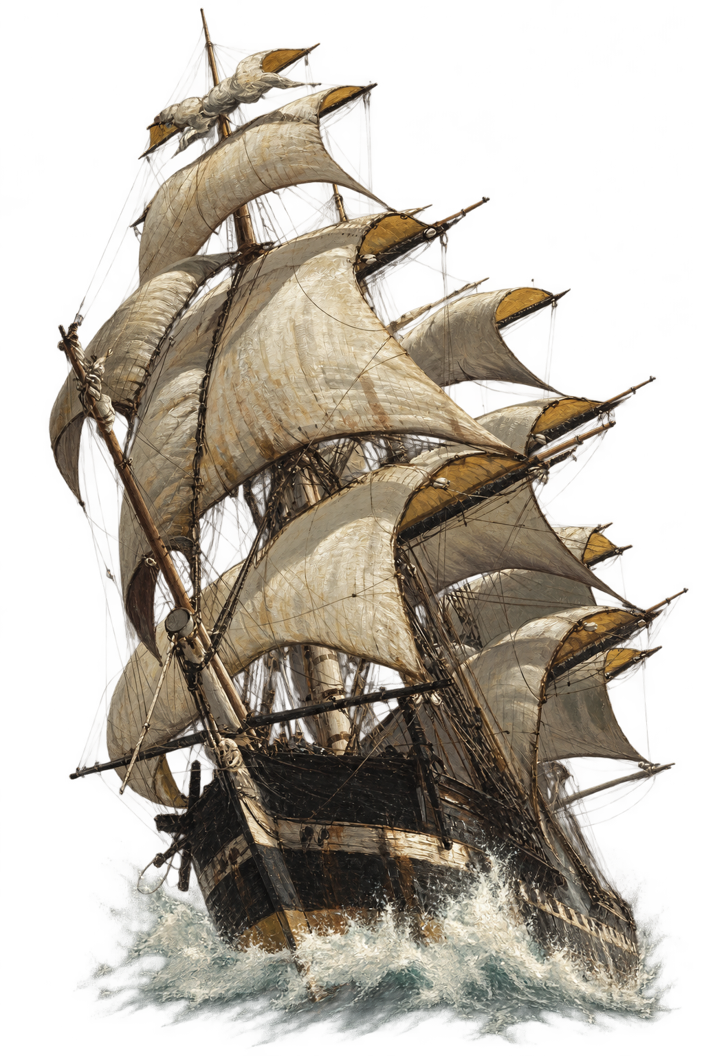 Sailing ship with cream and gold sails above breaking waves