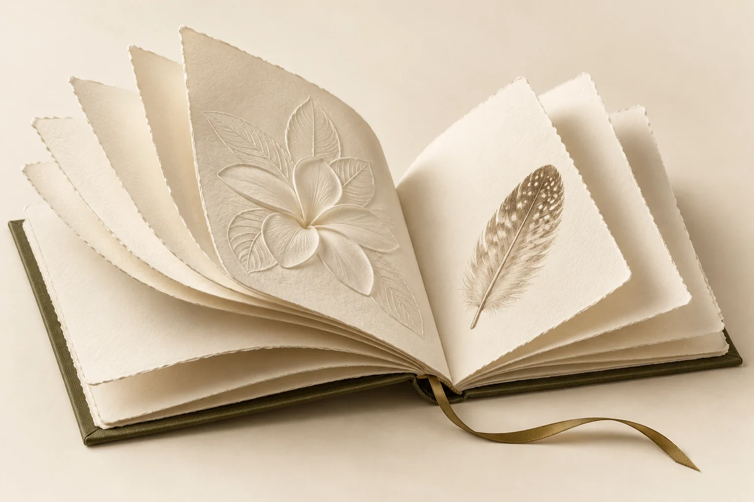 An open book of handmade paper, one page embossed with a frangipani flower and another printed with a feather.