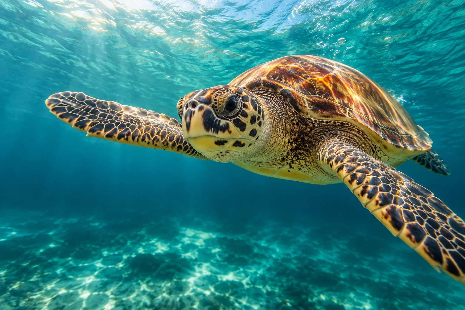 A sea turtle gliding beneath sunlit turquoise Caribbean water.