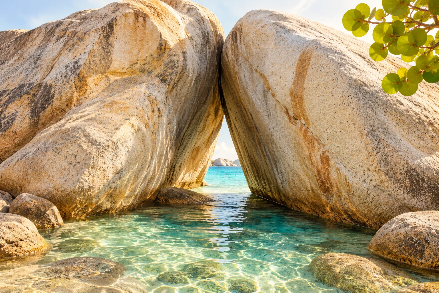 Sunlit granite boulders forming a natural doorway over clear aquamarine water.