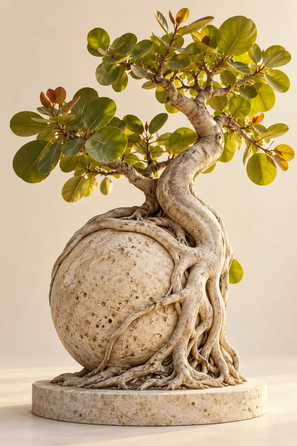 A living sea-grape tree embracing a limestone sphere, its roots flowing over the stone.