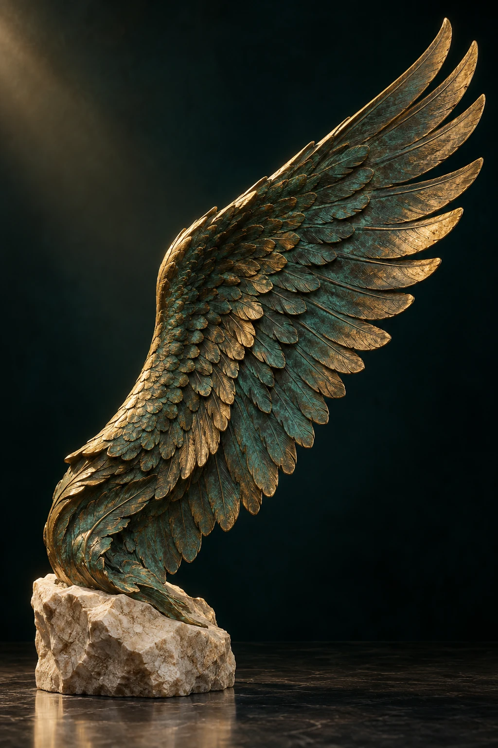 A monumental bronze wing with gold-edged feathers and sea-green patina on a limestone base.